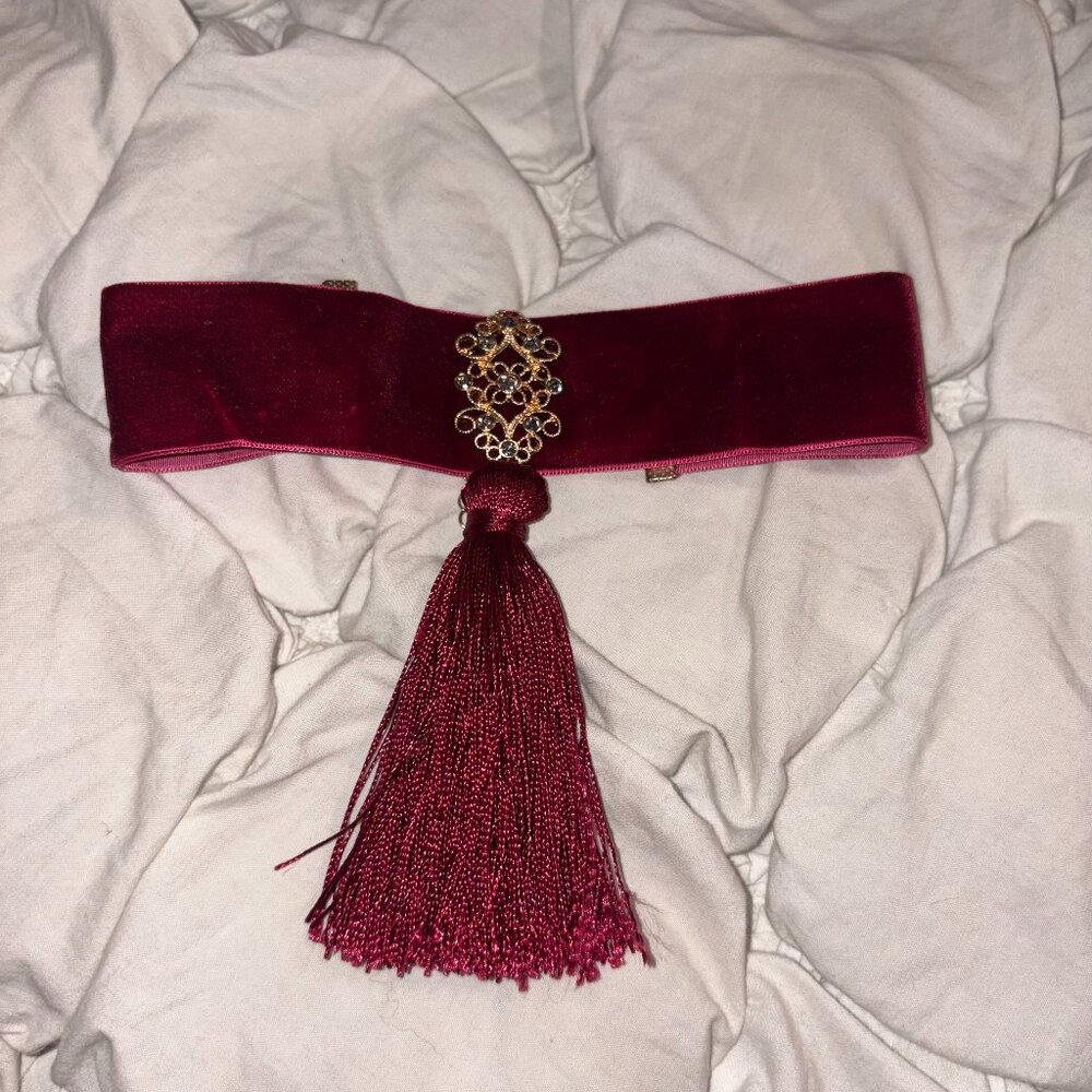 Free People Burgundy Velvet Tassel Choker with Gold Accent
